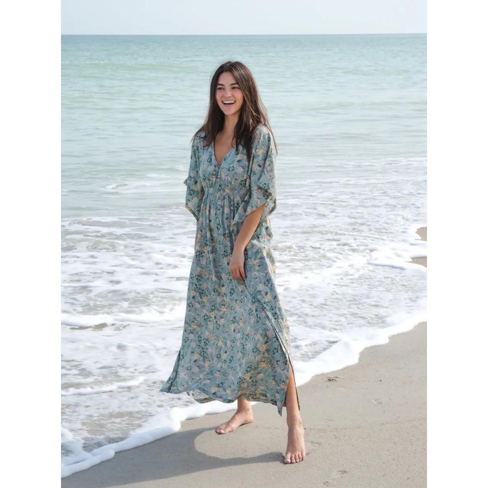 NWT Natural Life Sanibel Kaftan Maxi Dress Light Green Floral Women's XL Boho